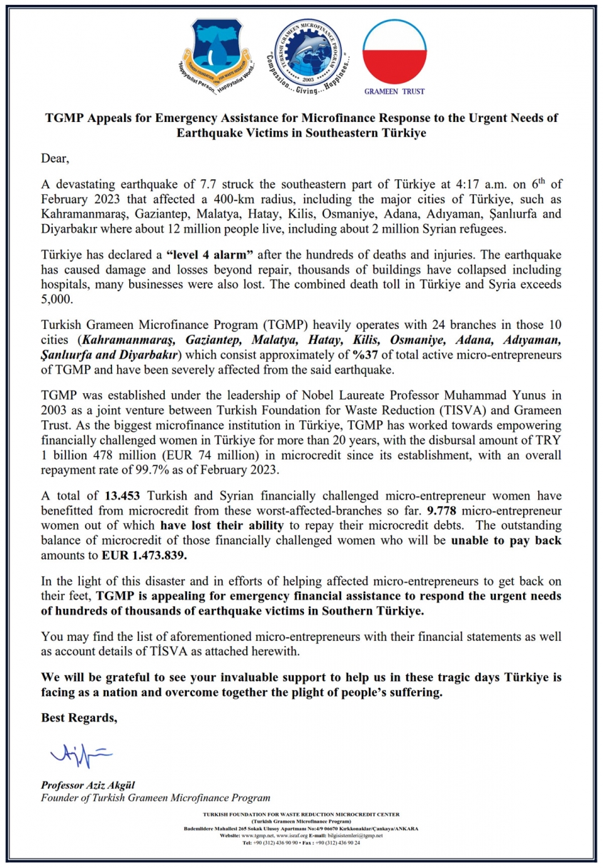 Turkish Grameen Microfinance Program (TGMP) Earthquake Appeal Turkish Grameen Microfinance Program (TGMP) Earthquake Appeal